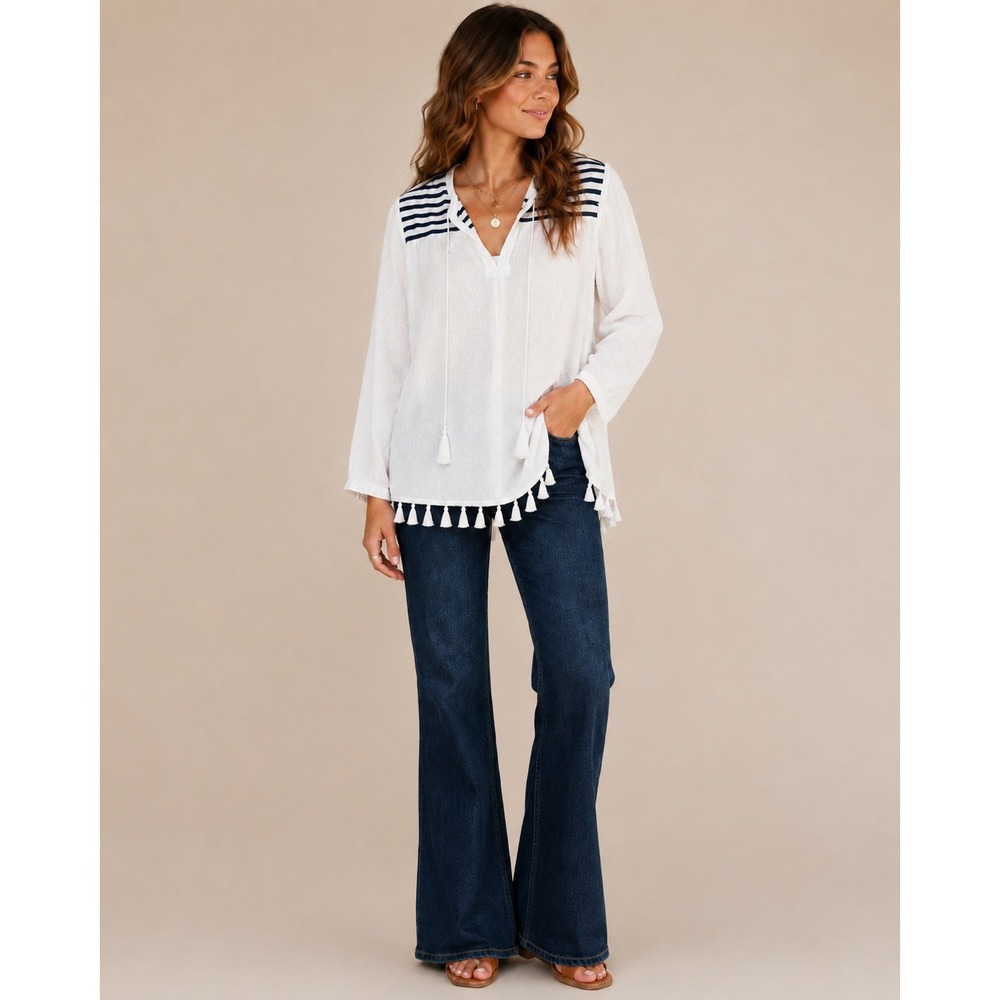 Roberta Roller Rabbit White Swiss Dot Striped Tassel Boho Top Size XS